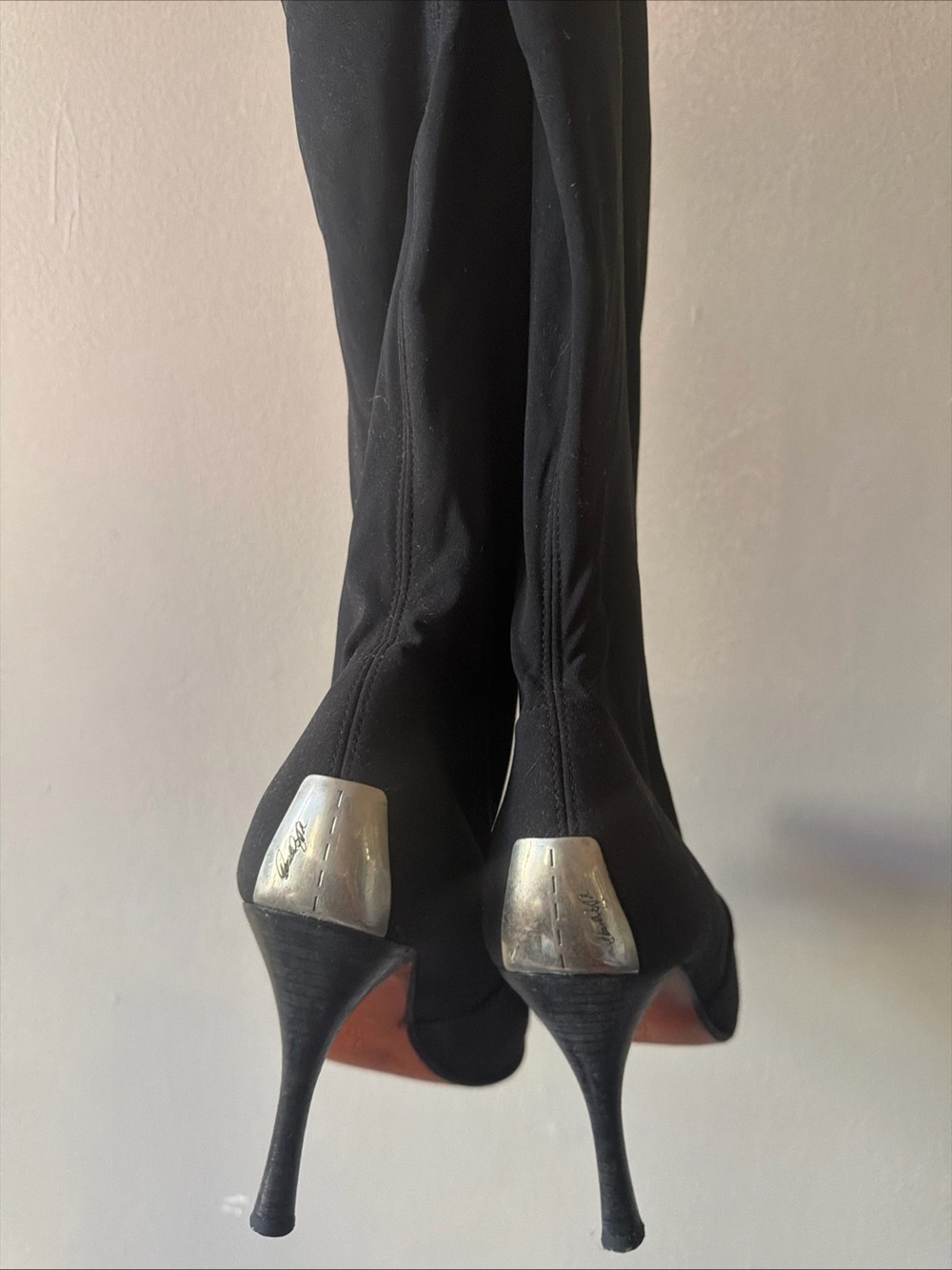 Donald J. Pliner Black Stretch Knee-High Stiletto Boots with Silver Heel Caps